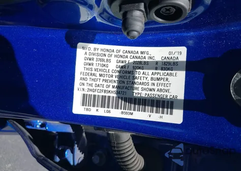 2019 Honda Civic Sport из США, поврежденный, VIN 2HGFC2F85KH534721